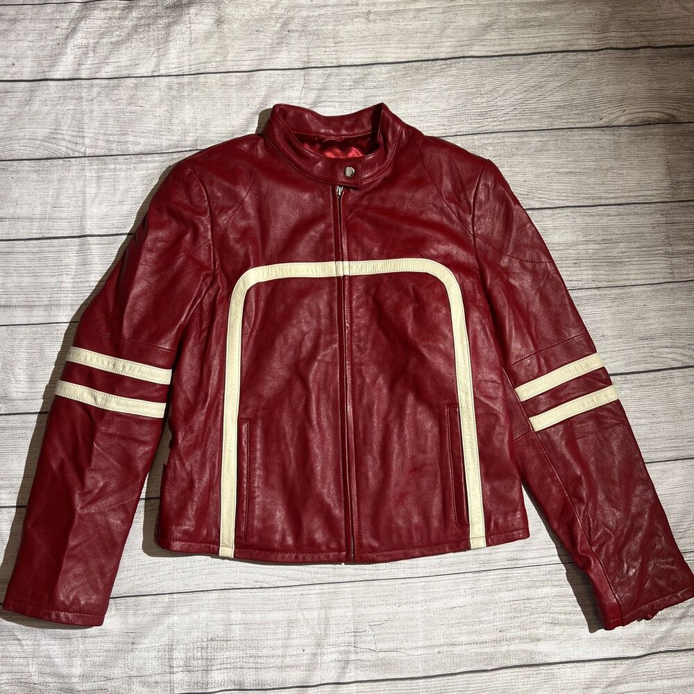 Wilsons Leather Maxima Jacket Red White Racing Stripe Moto Sz L FLAWS Need TLC
